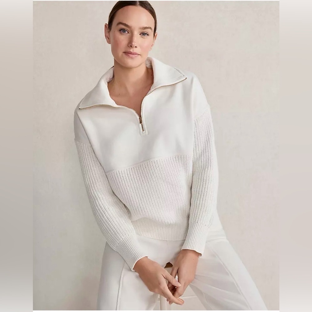 NWOT Haven Well Within Organic Cotton Terry Mixed-Media Half-Zip in Ivory S M